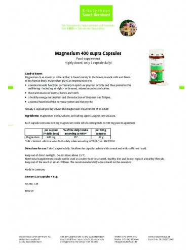 Sanct Bernhard - Magneesium 400 "Supra" kapslid, 120tk
