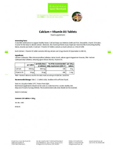 Sanct Bernhard - Kaltsiumi ja D3 vitamiini tabletid, 150tk