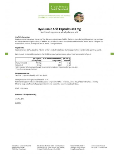 Sanct Bernhard - Hüaluroonhappe kapslid 400mg, 120tk 50g