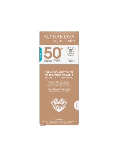 Alphanova Sun - SPF50 monoi lõhnaline veekindel tooniv mineraalne päikesekreem näole, toon GOLD, 50ml