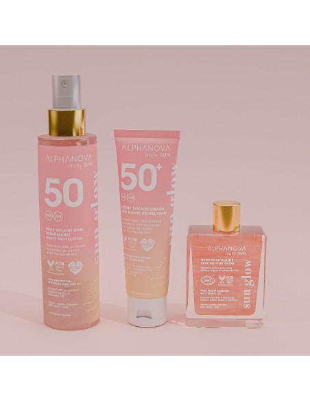 Alphanova Daily Sun - Orgaanilise vaarika- ja jojoba õliga pärlmutter sära andev päikesekreem näole SPF50+ Sun Glow, 50ml